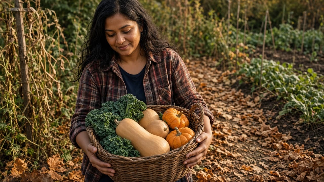 An autumn vegetable garden with pumpkins, squash, cabbages, and leafy greens.