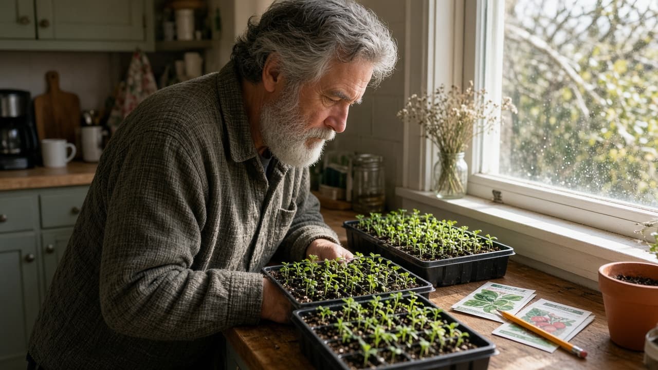 Trays of seedlings on a bright windowsill, with seed packets and a spray bottle nearby.